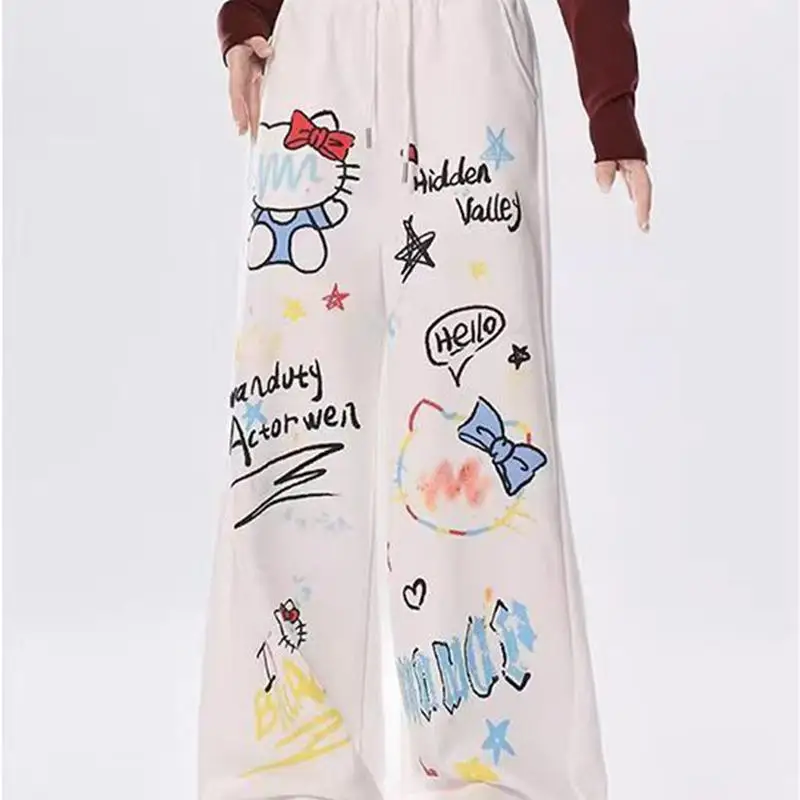 

Длинные брюки с героями мультфильмов Sanrio для молодых девушек, женские модные трендовые широкие брюки для отдыха, уличная одежда в стиле хип-хоп, новинка