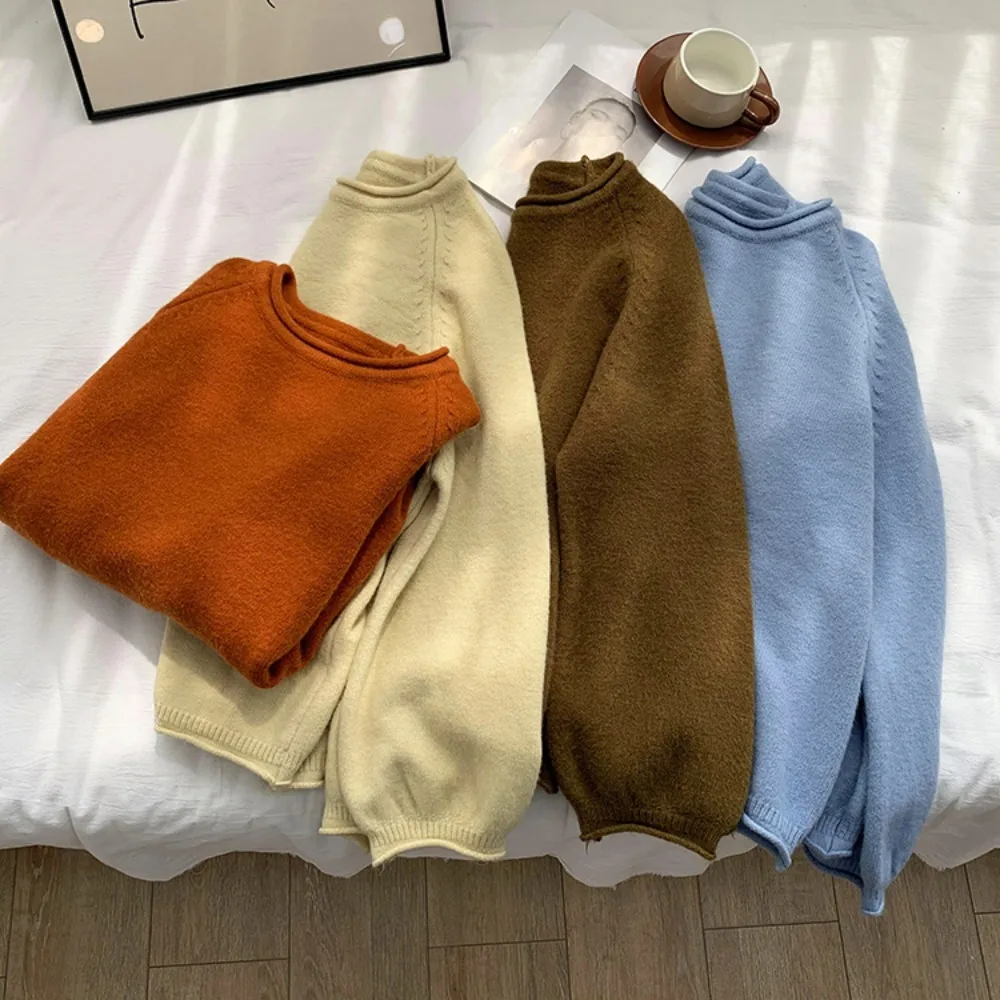 

Long Sleeve Knitted Sweaters for Women Elegant Casual Loose Jumpers Autumn Winter Solid Round Neck Warm Thick Pullovers 2025