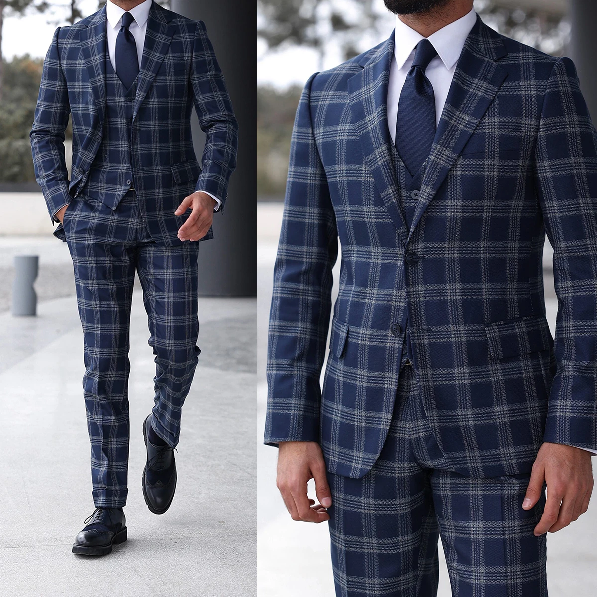 

Plaid Men's Wedding Suits Notched Lapel Tuxedos Fashion Groom Wear For Male 3 Pieces Custom Made (Jacket+Pants +Vest)