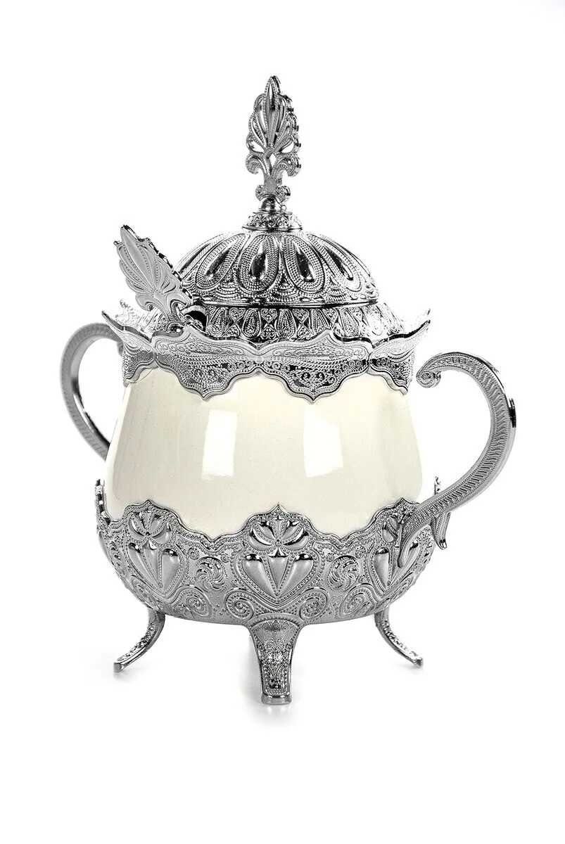 

IQRAH Luxury Porcelain Sugar Bowl with Lid and Spoon Silver