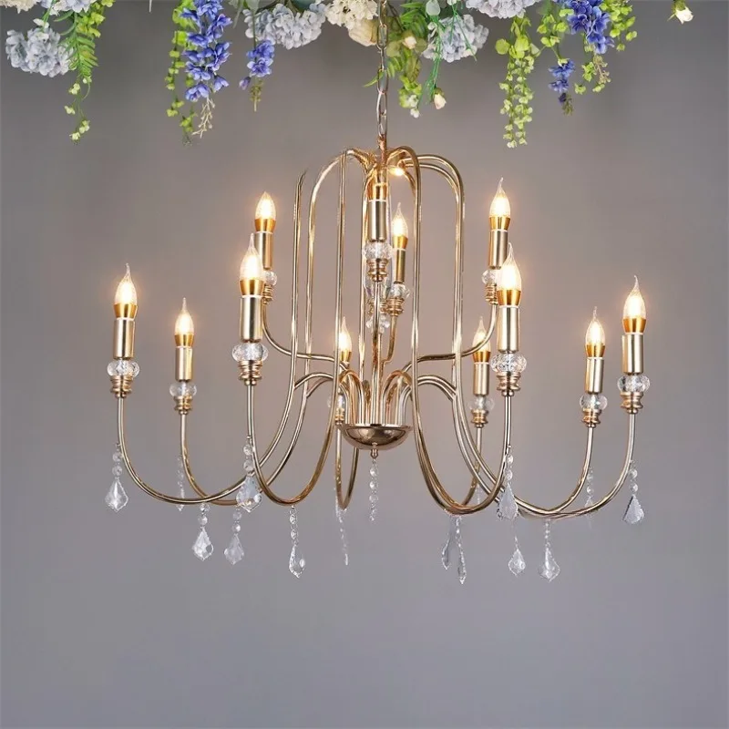 European wedding wrought iron electroplated crystal lamp crystal bead curtain chandelier hotel wedding hall decorative lamp
