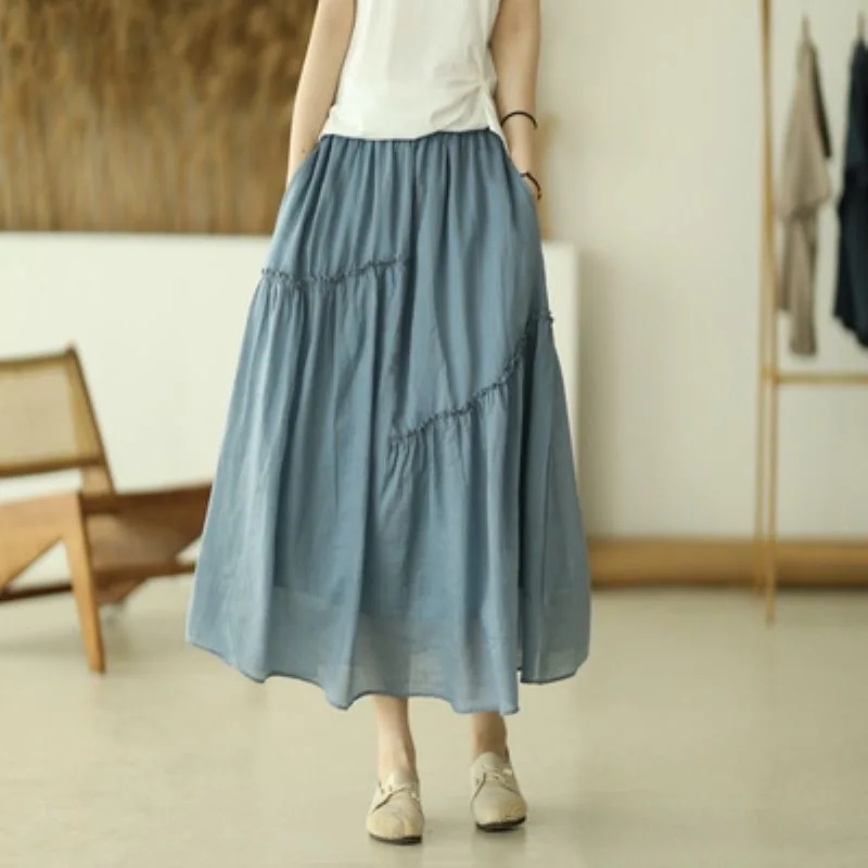 

Summer New Sle Double Layer Cotton Linen Asymmetrical Thin A-Line Skirt High Waist Commute Pure Color f-length Umbrella ...