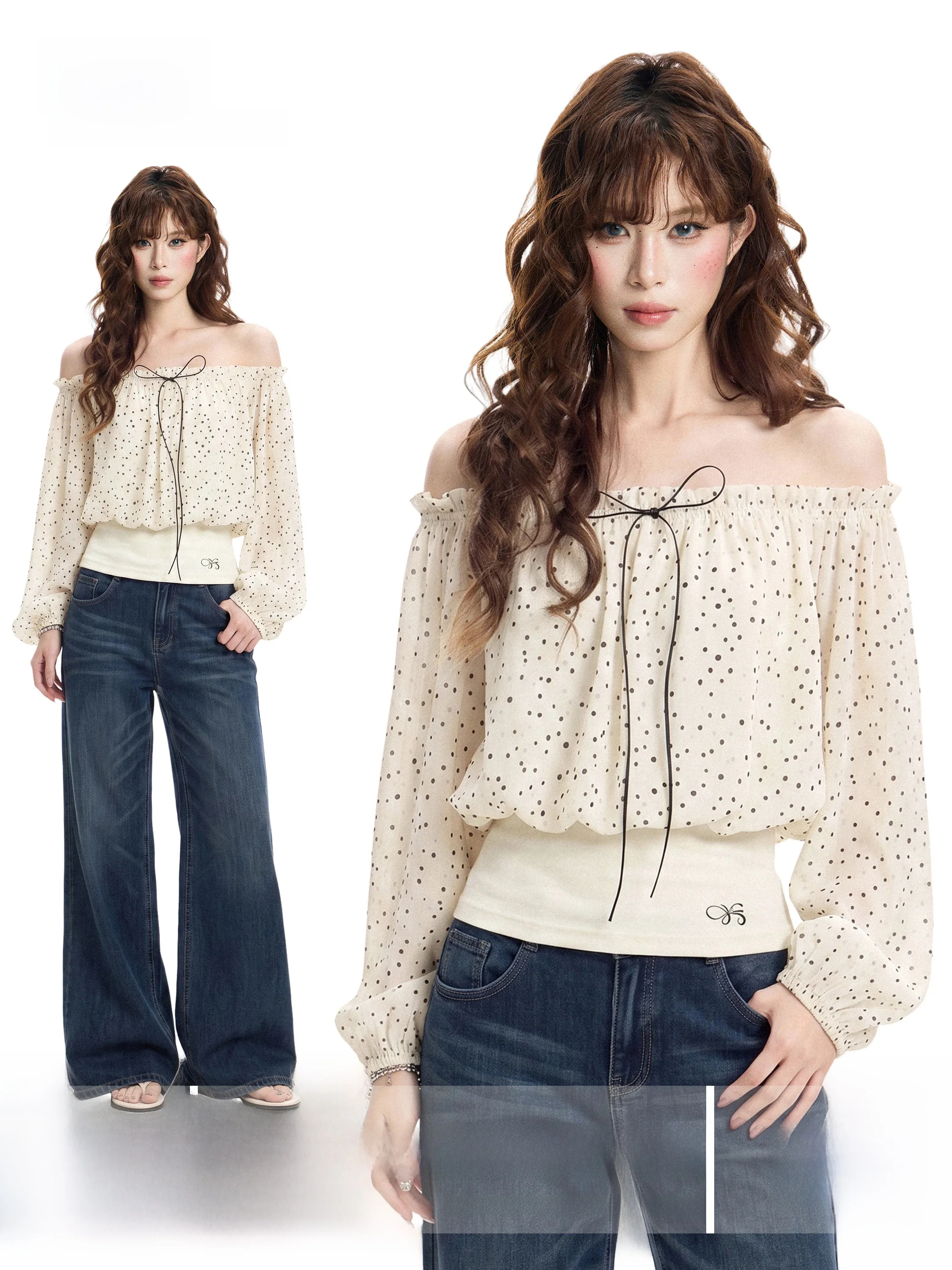 Polka Dot One Shoulder Long Sleeve Women's T-Shirt Early Autumn Cover up Design Slimming Short Style Korean Style Top