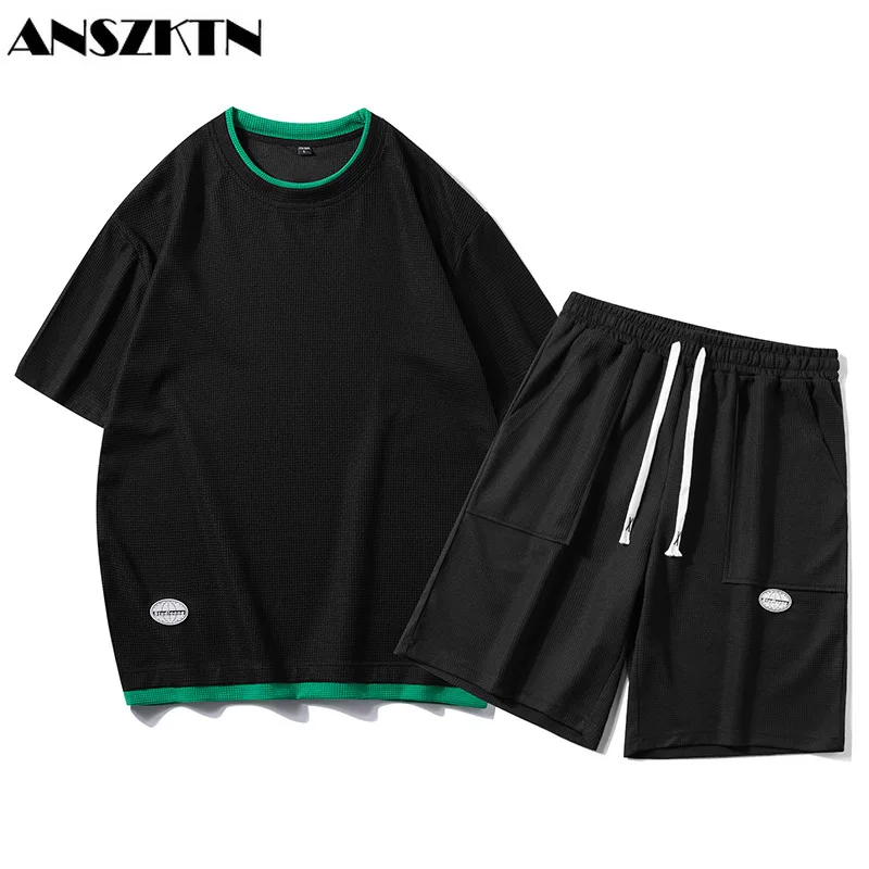 

ANSZKTN Summer new Waffle suit Korean trend versatile loose top fake two-piece casual pants two-piece set