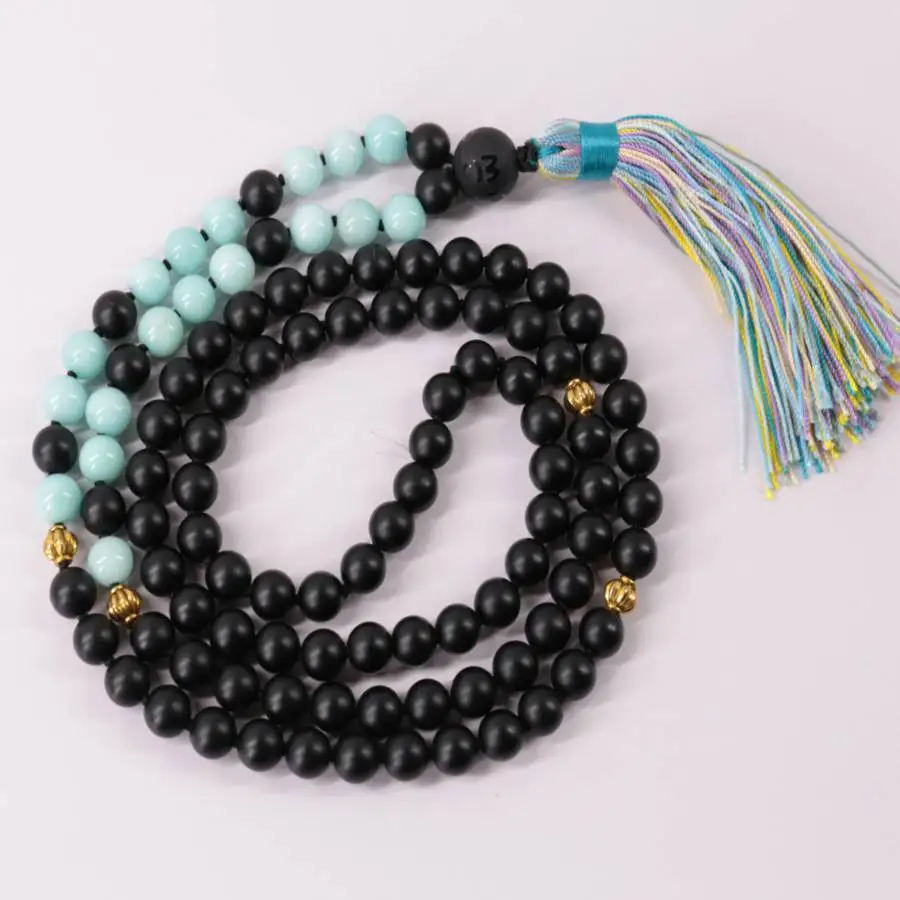 

Натуральное матовое черное ожерелье-мала из обсидиана с 108 бусинами, амазонитом и золотыми разделителями, красочный кисточный шарм, целебные кристаллы, ювелирное украшение