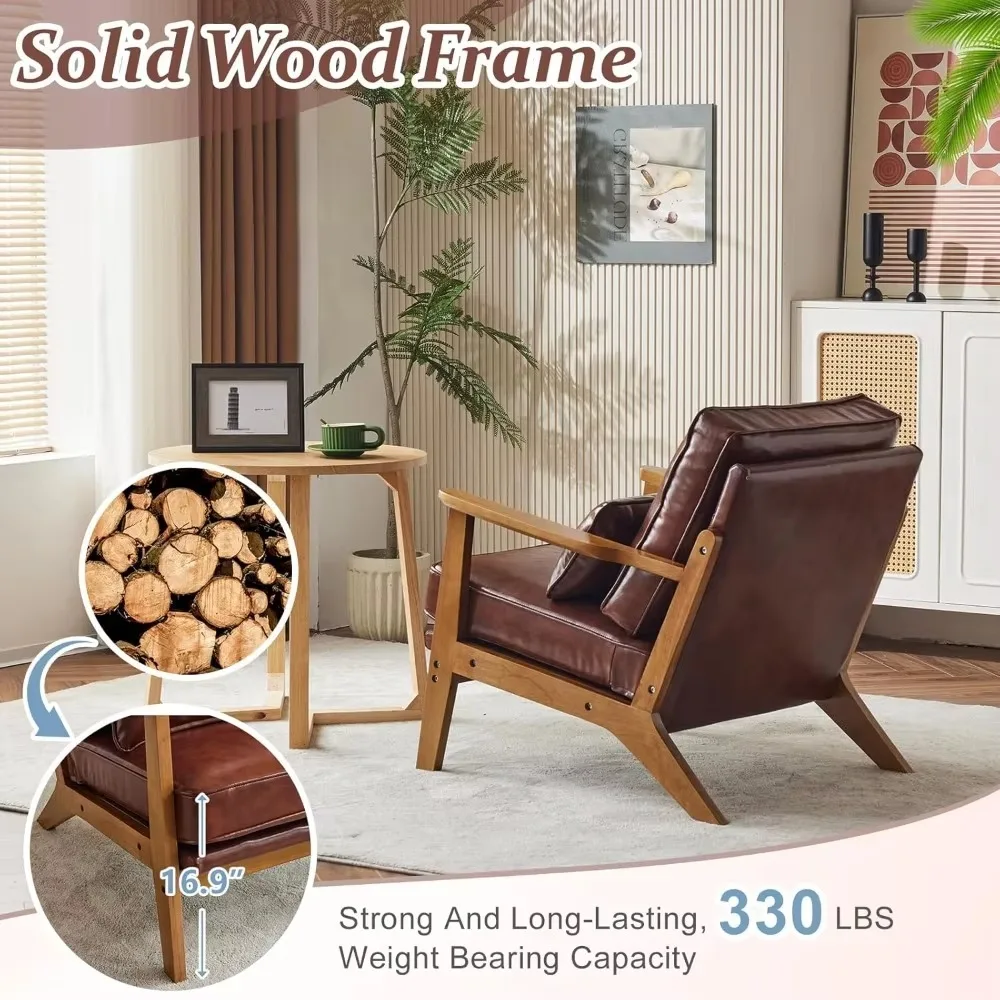 Coffee chair with wide armrests in solid wood, mid-century modern chair with pillows, comfortable armchair, chair living room