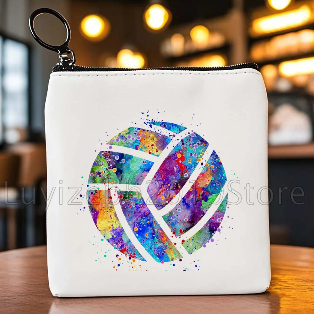 Pallavolo Ragazza Pittura ad acquerello Stampa artistica Amante dello sport Regalo Uomo Donna Borsa portamonete in tela Borsa per carte di archiviazione chiave Custodia a portafoglio