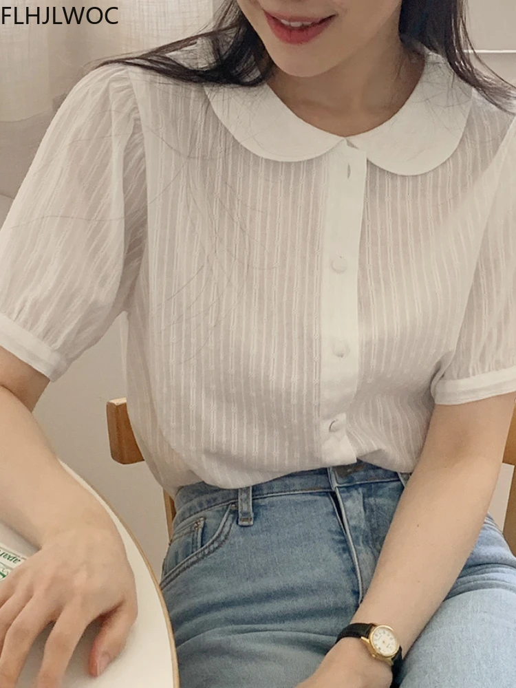 Chic Korea Cute Peter Pan Collar Tops Blusas Women Japan Girls Style Short Sleeve Vintage Single Breasted Button White Shirts