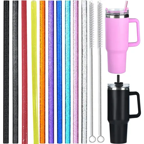 10 Pack Replacement Straws for Stanley 40 oz 30 oz Tumbler 12 in Long Reusable Plastic Glitter Plus 2 Cleaning Brush for Straw