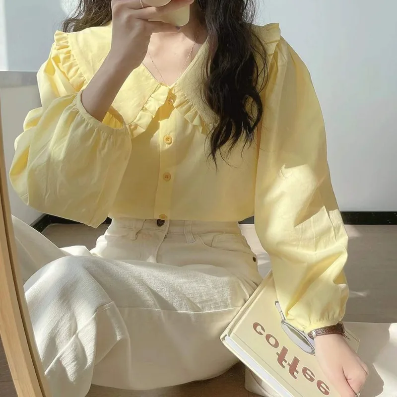 

Creamy Yellow Long-sleeved Shirt For Women In Autumn Retro Collar Top