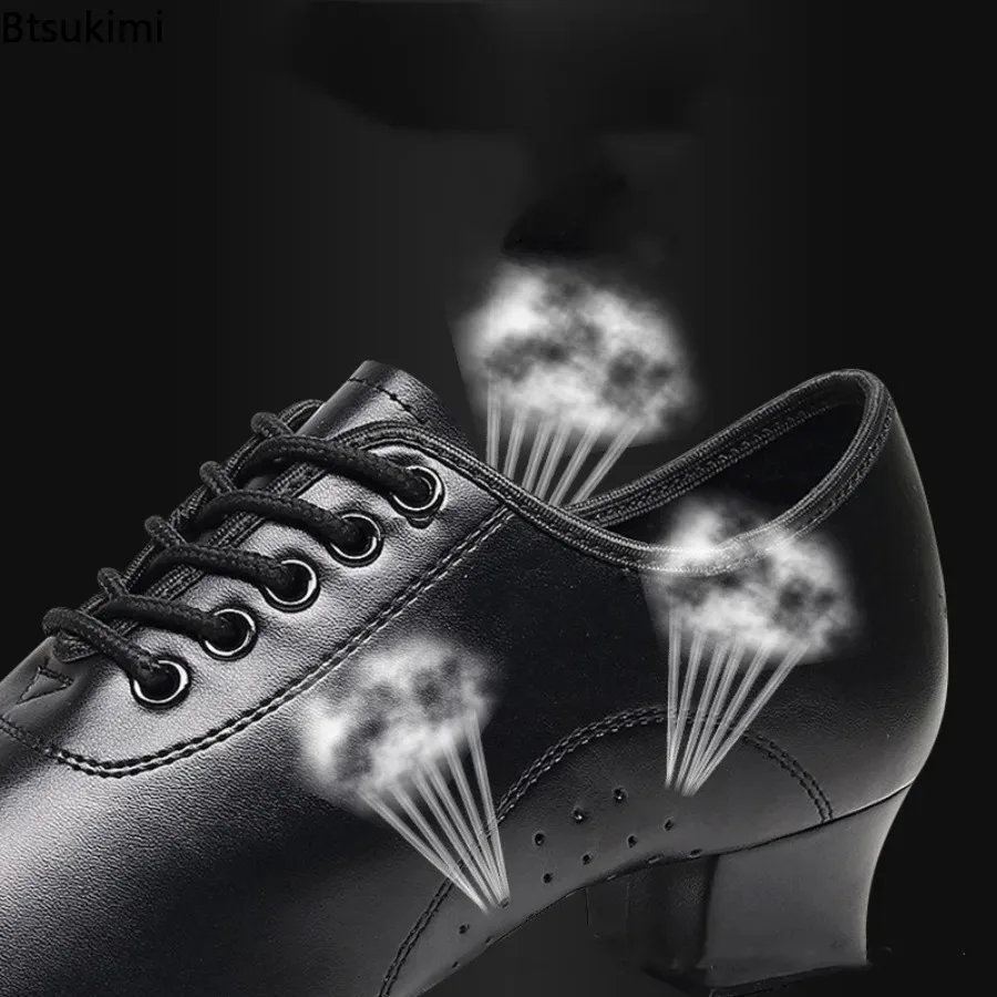 Children Latin Dance Shoes Boy Men Professional Leather Latin Shoes Black Soft Sole Kids Low-heeled Social Modern Dance Shoes