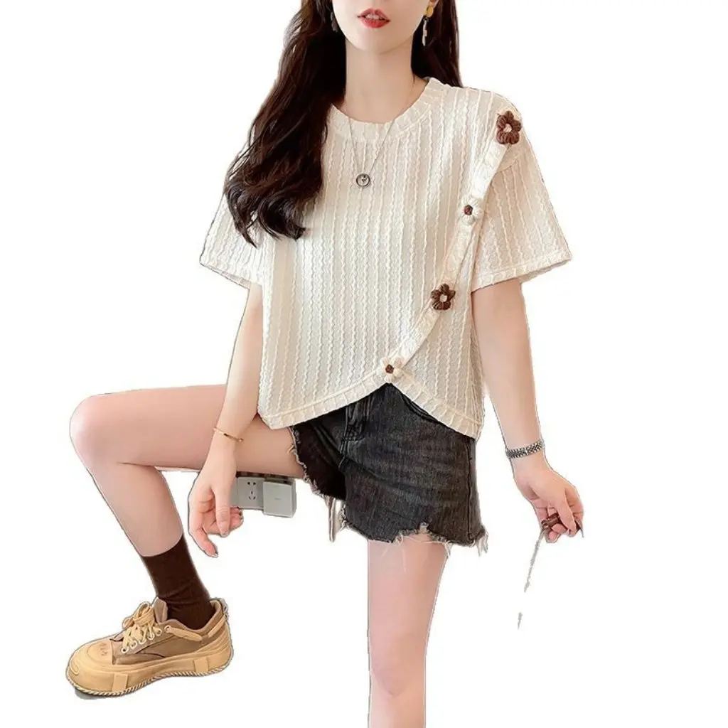 

Women's Summer Short-Sleeved T-shirt Irregular Design Loose Fit Split Niche Top Fashionable Casual Wear for