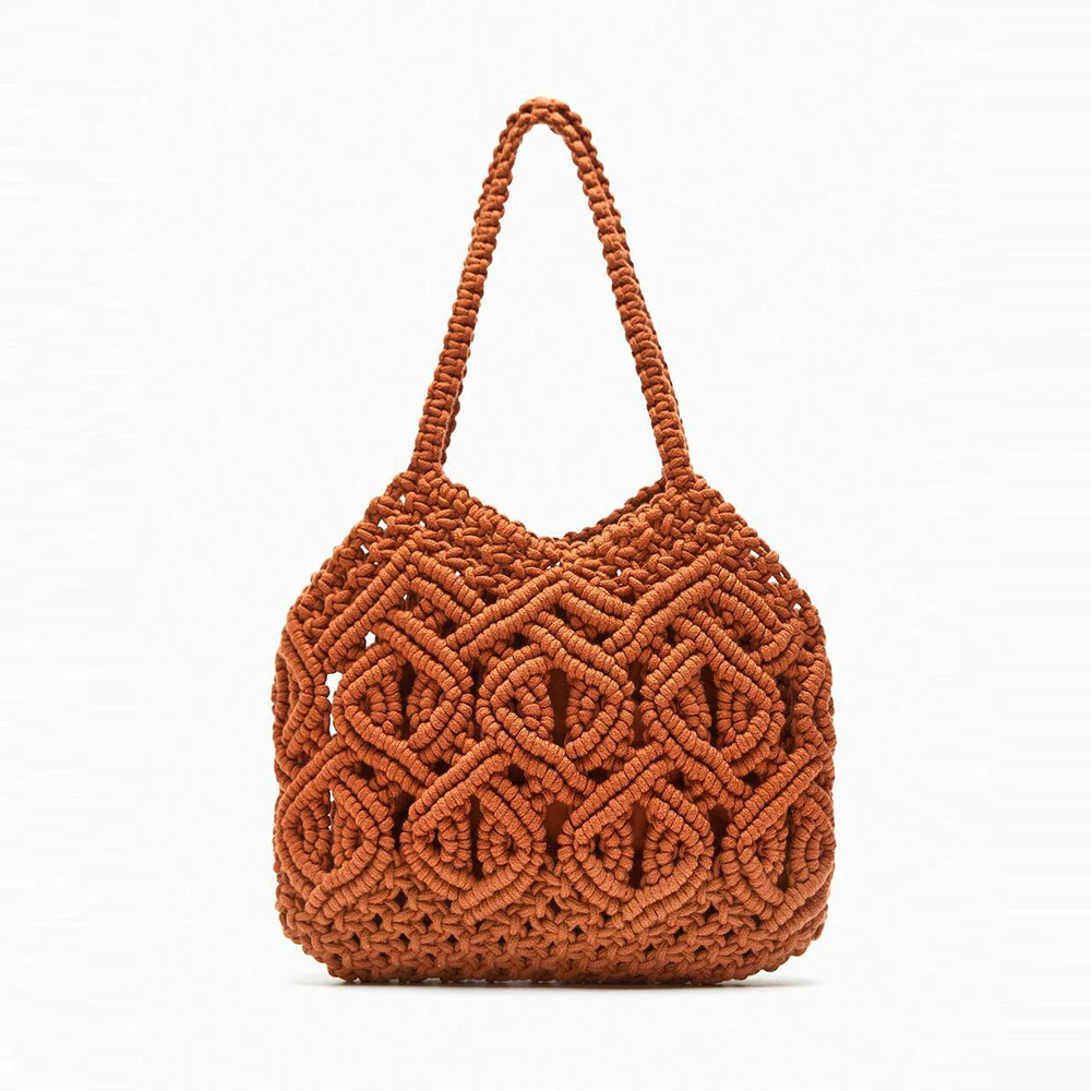 Rope Crochet kobiety torba na ramię czeski z wcięciem, tkany torby dla kobiet Handmade Knitting torebki Travel torba na plażę Shopper Hobos