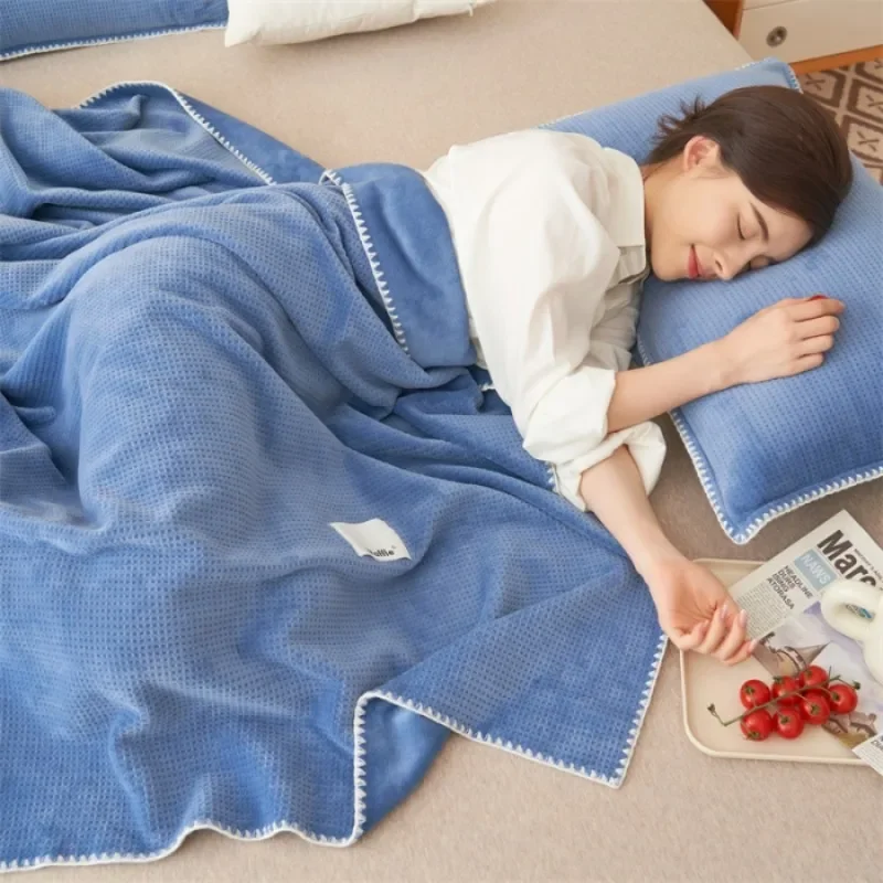 

solid color waffle double-layer composite blanket, soft waxy stroking cats blanket summer quilt air-conditioning blanket