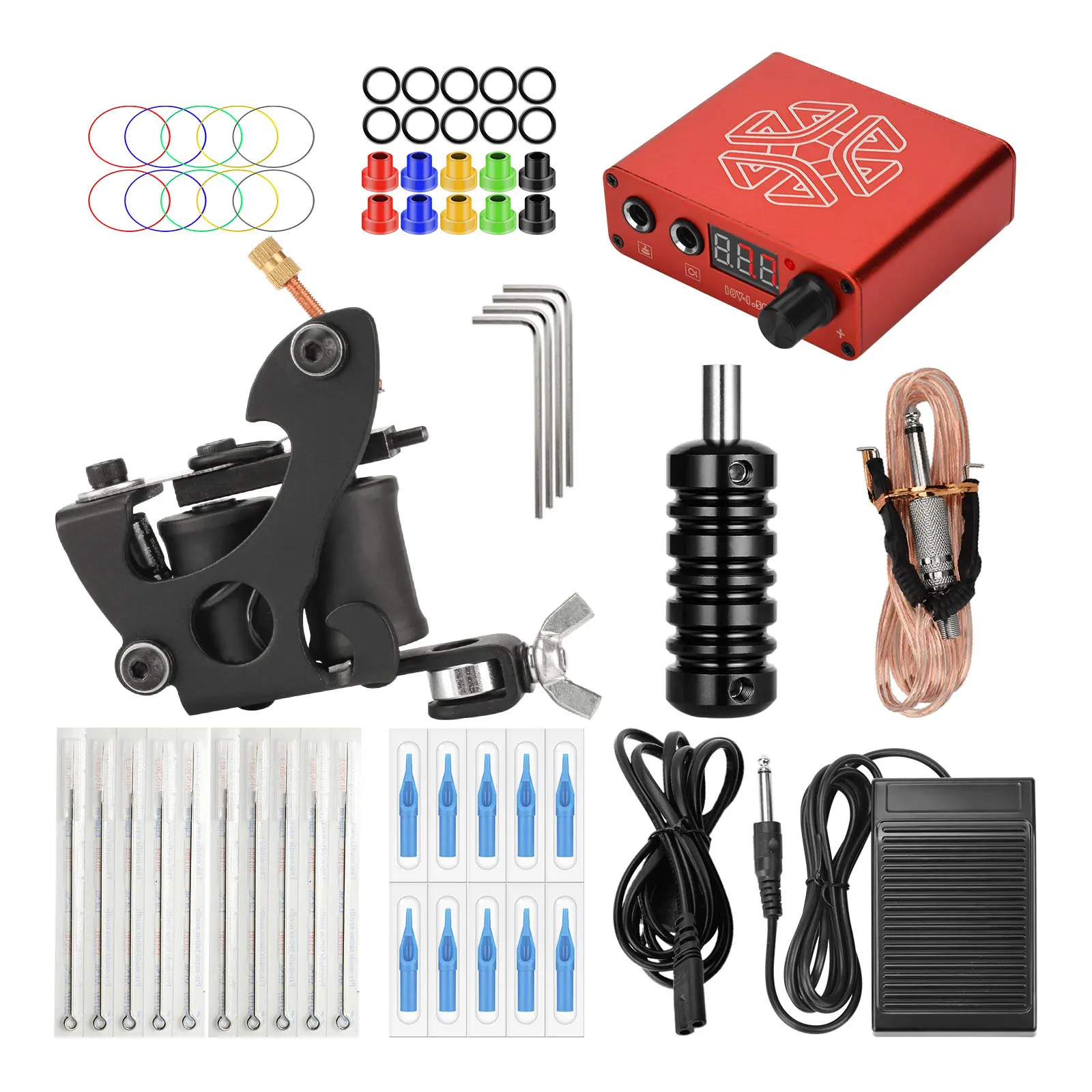 

JimKing Complete Beginner Coil Tattoo Machine Gun Kit Set with Power Supply Foot Switch Pedal Clip Cord for Tattoo Beginner