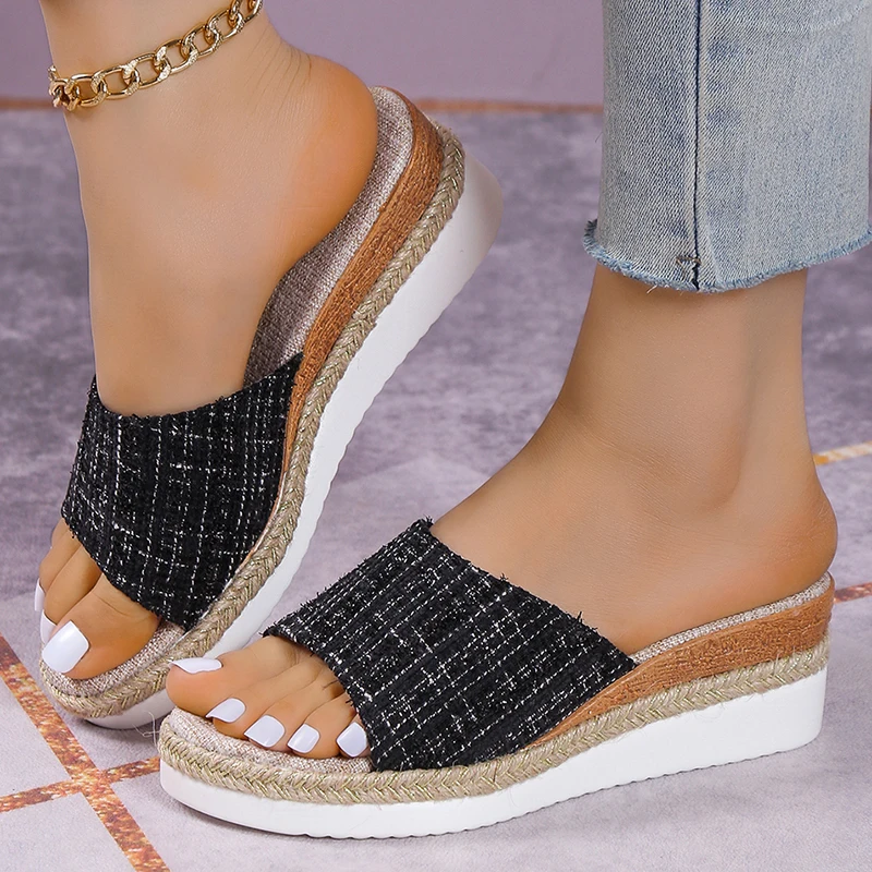 

Tweed Thick Sole Wedge Sandals for Women 2026 Summer High Heeled Platform Sandals Woman Plus Size 43 Light Non-slip Beach Shoes