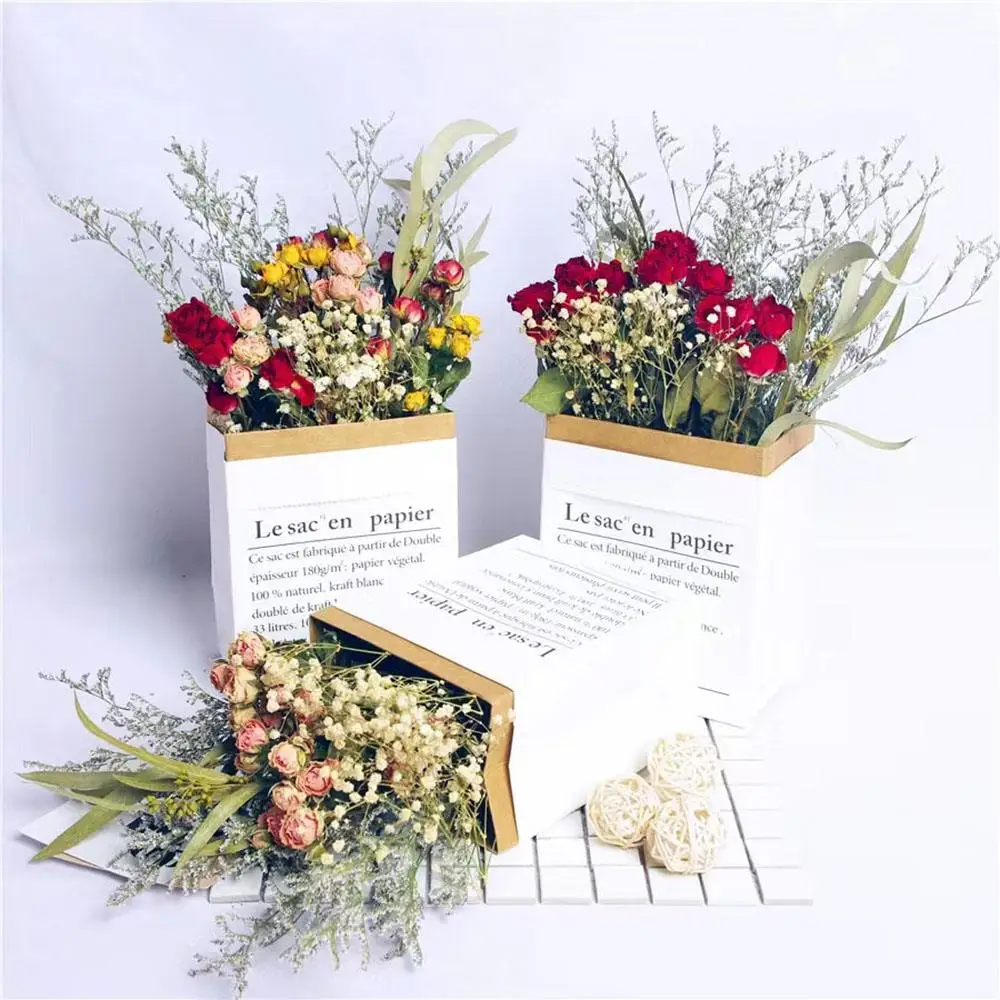 INS White Double-layer Thicken Flower Box Kraft Paper Handy Gift Bag Rose Packaging Handbag For Wedding Birthday Party Decor 1PC