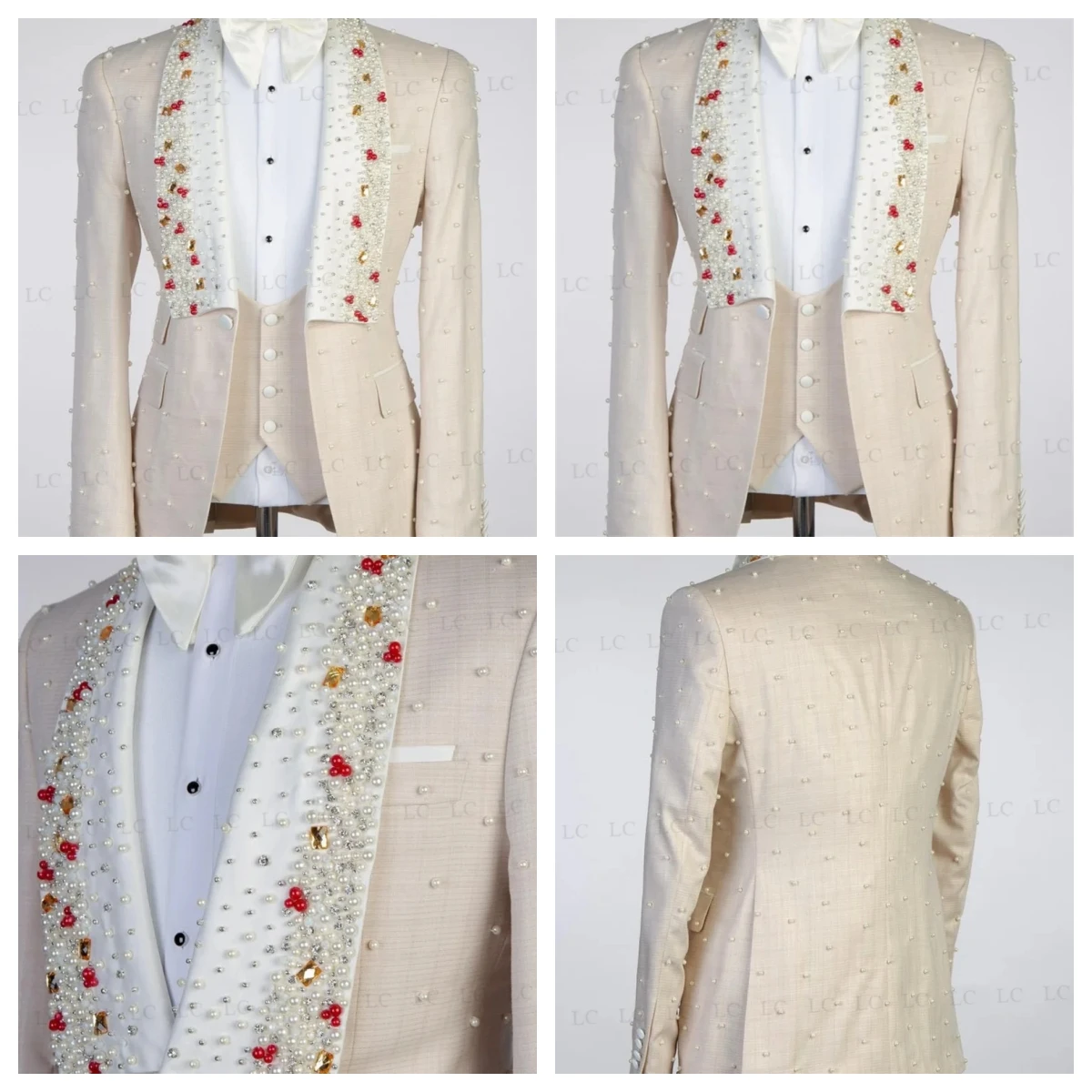 

Gentle3 Pieces Pearls Men Suits Blazer Vest Pants Diamonds Beads One Button Custom Made Plus Size Formal PromParty Wedding Groom