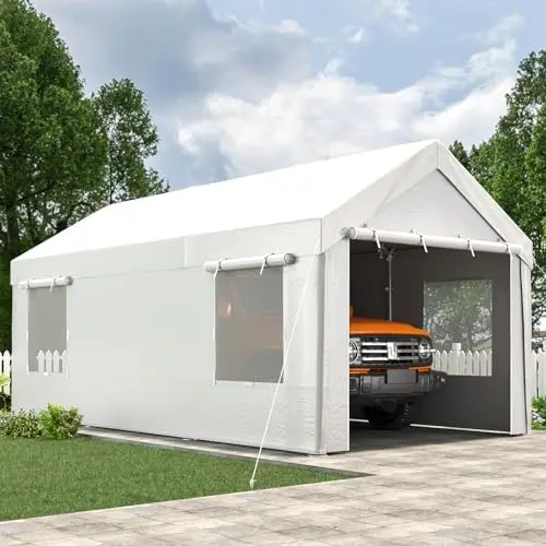 Carport, 10' x 20' Heavy Duty Carport with Roll-up Windows，Portable Garage with Removable Sidewalls, Car Canopy with