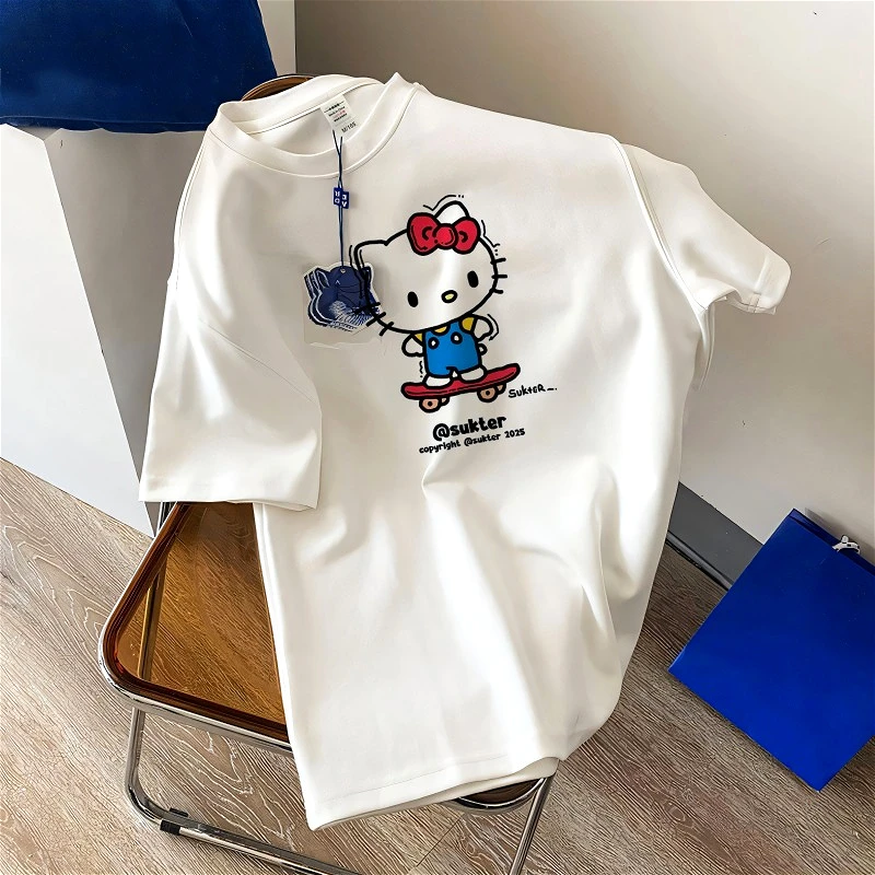 

100%Cotton Hellokitty Printed Girls T-shirts Cute White Summer Fashion Women Clothing KT Cat Cartton Short-sleeved T-shirt Tops