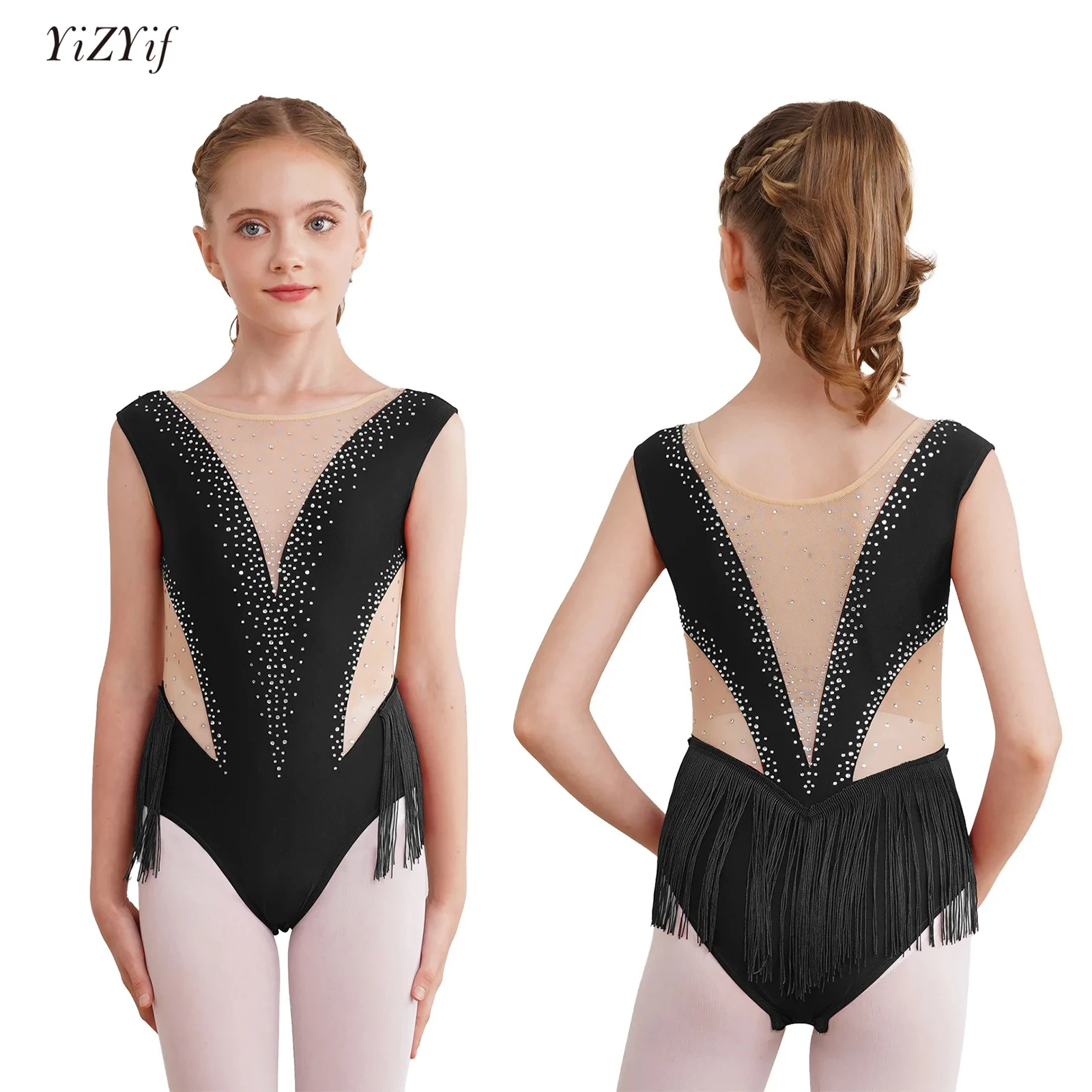 

Shiny Rhinestone Fringed Latin Dance Leotard Kids Girls Figure Skating Performance Costume Sheer Mesh Patchwork Tassel Bodysuit