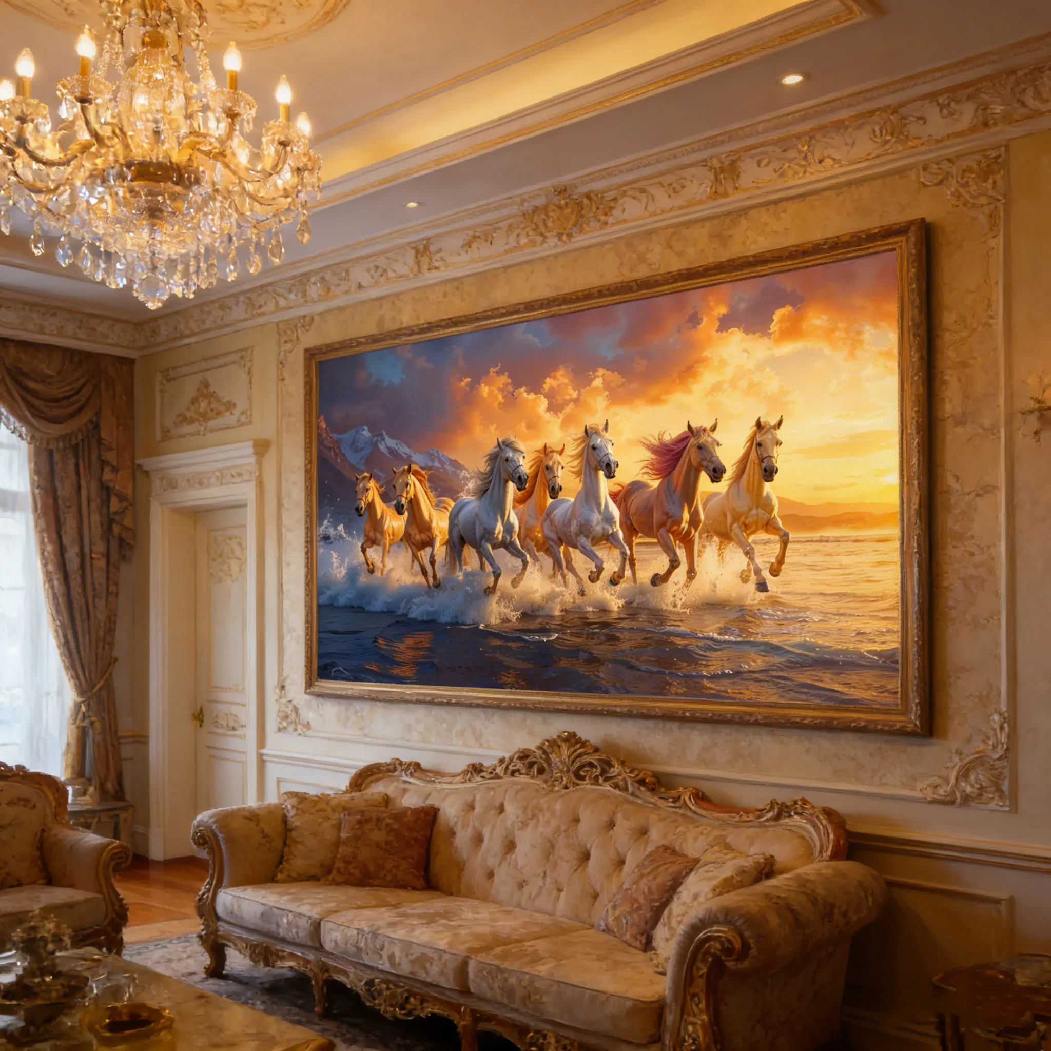 Majestic Eight Horses Panoramic Wall Print Decor - Dynamic Illustration of 8 Golden & White Horses Galloping Through Water at Su