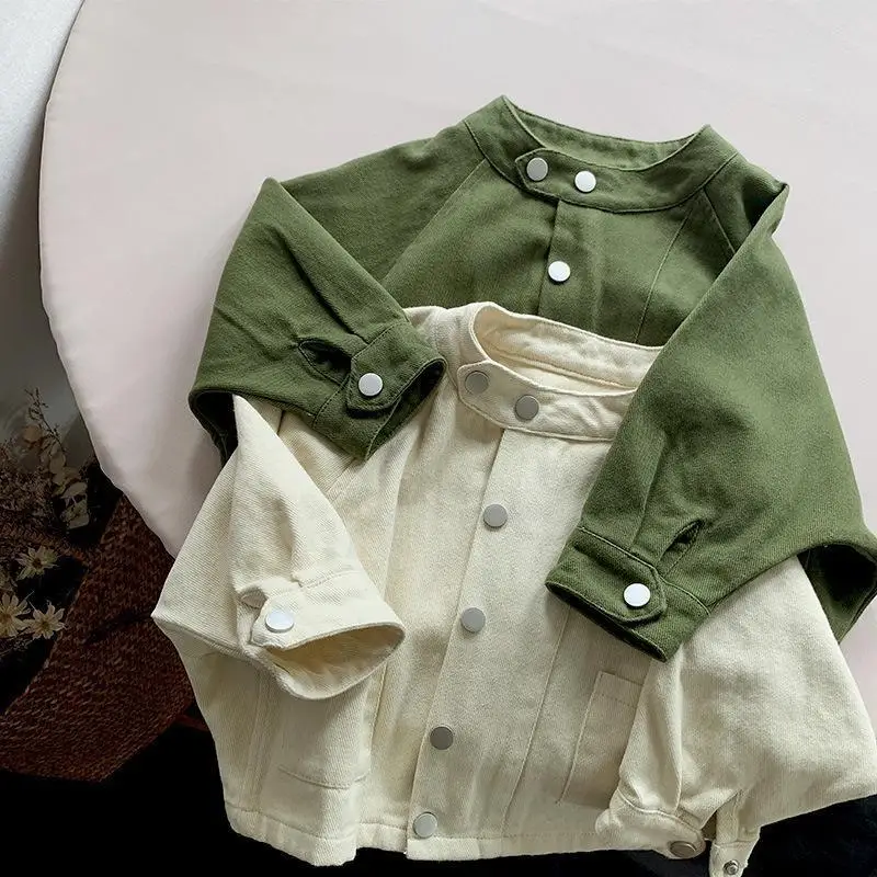 

Spring Autumn Boys Girls Coat Single Breasted Long Sleeves Jackets With Pockets Green Apricot Kids Tops Clothes