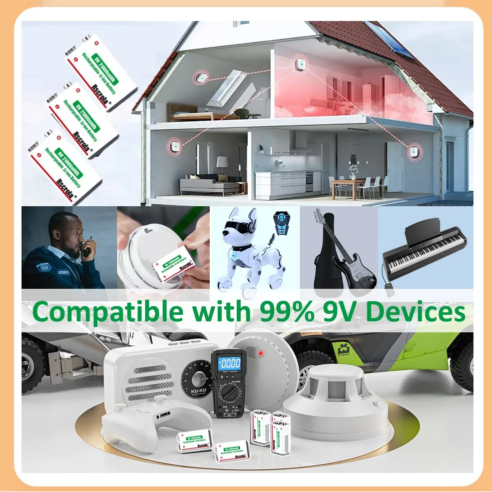 بطارية 9 فولت قابلة لإعادة الشحن، 21800 ميجاوات في الساعة، سعة كبيرة، بطاريات ليثيوم أيون 9 فولت مع كابل من النوع C، لكاشف الدخان، إنذار الحريق