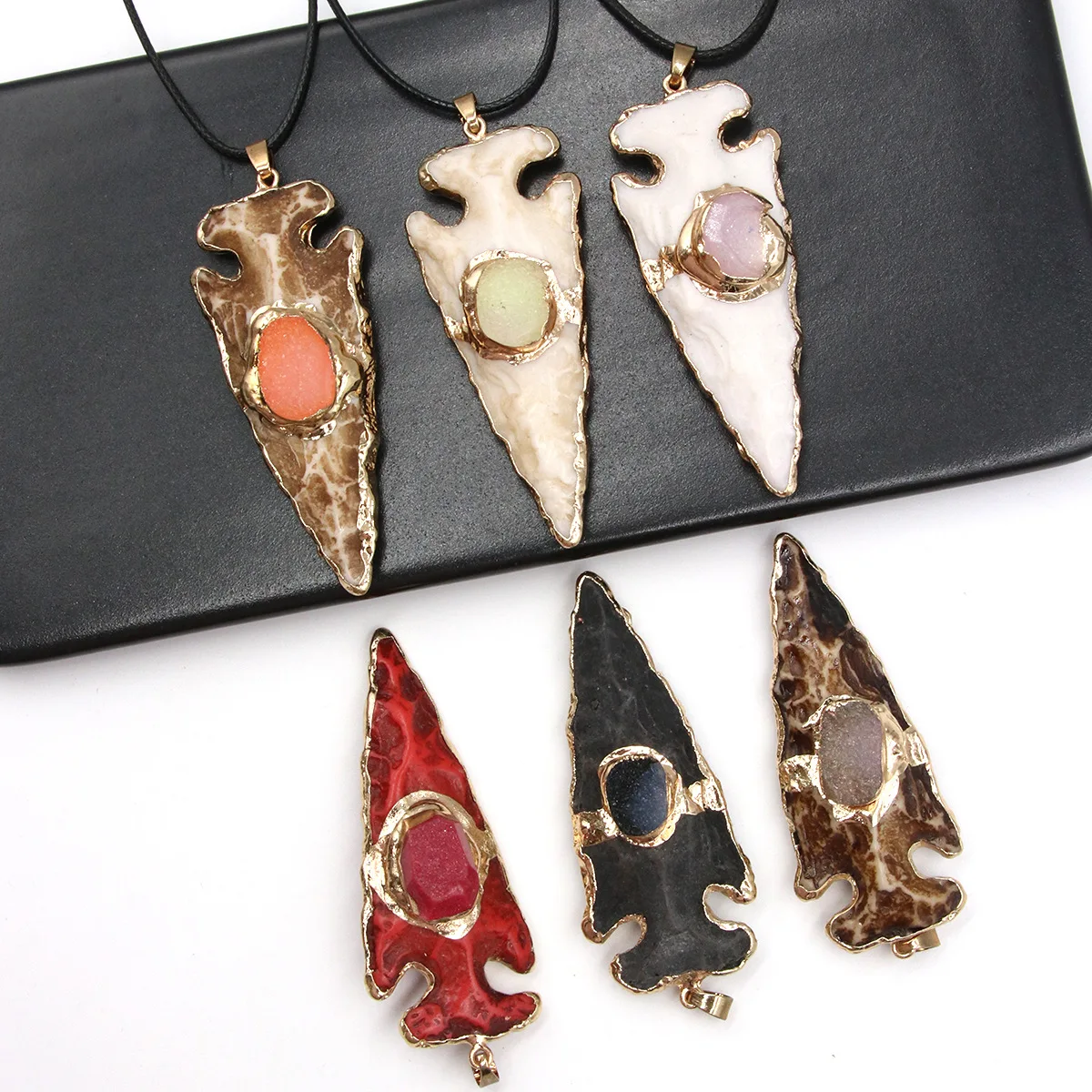 1PC Natural Stone Crystal Agate Cluster Anchor Arrowhead Shield Men's Women's Punk Making DIY Necklace Earrings Jewelry 25x38mm