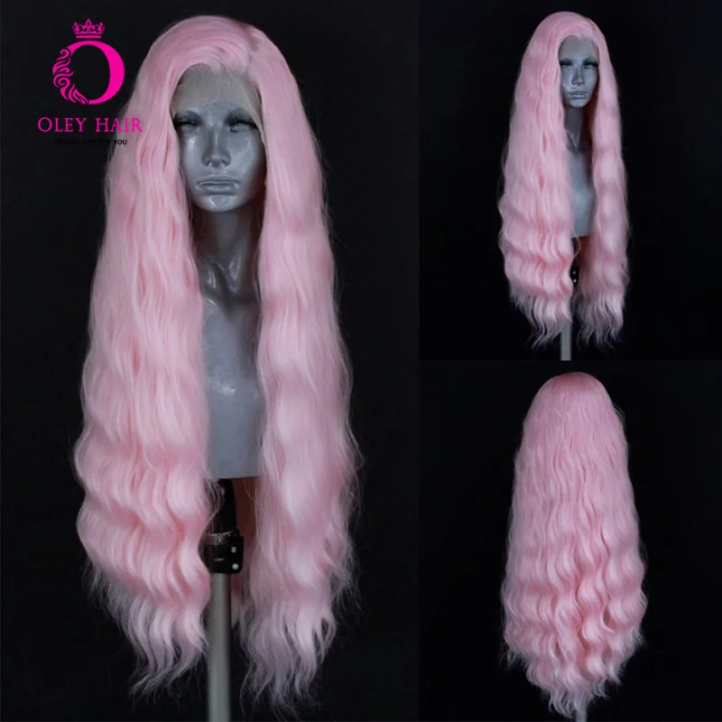 Long Pink Synthetic 13x4 Lace Front Wig Heat Resistant Deep Wave Daily Wear Per-Plucked Cosplay Wigs For Women Prom Hairstyles