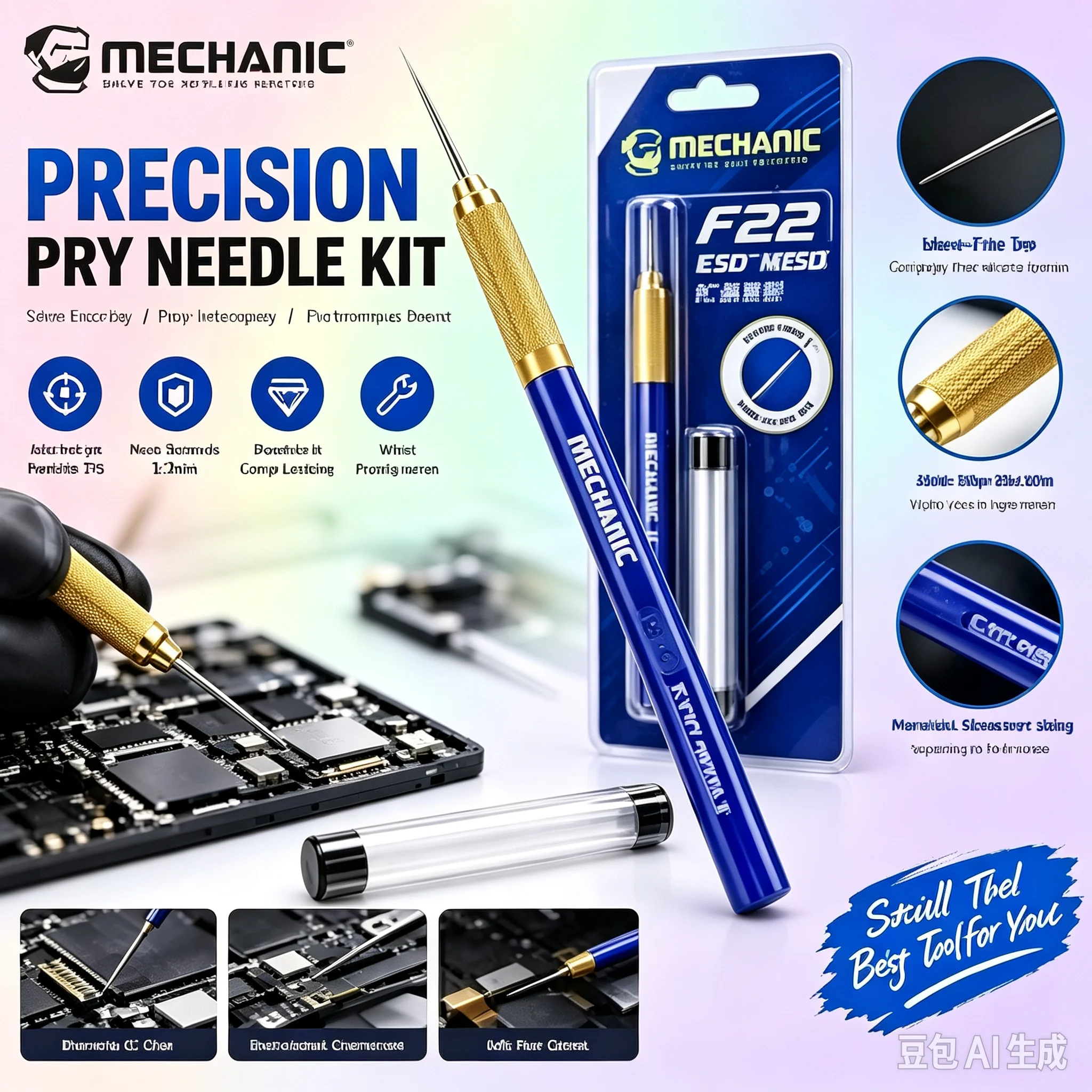 MECHANIC pry tool set (includes 1 handle and 2 tips), specially designed for IC chip removal; will not damage the motherboard.
