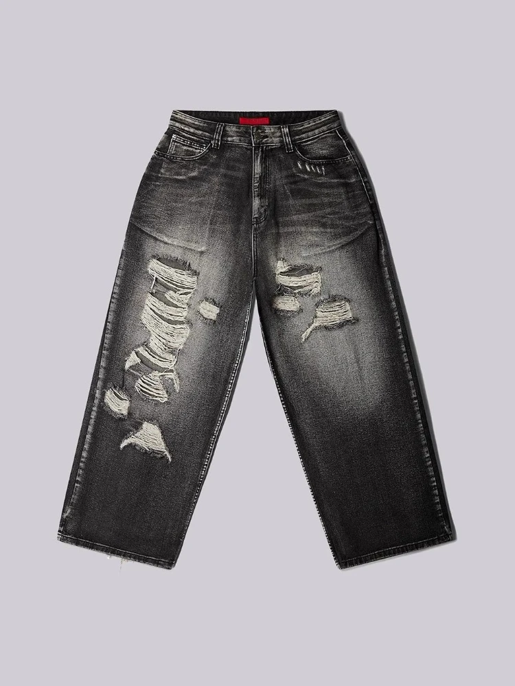 Celana Jeans Wanita dan Pria Gaya HOUZHOU Y2k Gothic Vintage, Grafis, Robek, Grunge, Dicuci, Kaki Lebar, Gaya Amerika, Denim, Baggy, High Street