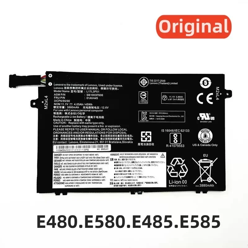 

100%Original 11.1V 3880mAh for Lenovo ThinkPad L17L3P51 E480 E485 E490 E495 E580 E582 E585 R480 R490 R585 E14 E15 Laptop Battery