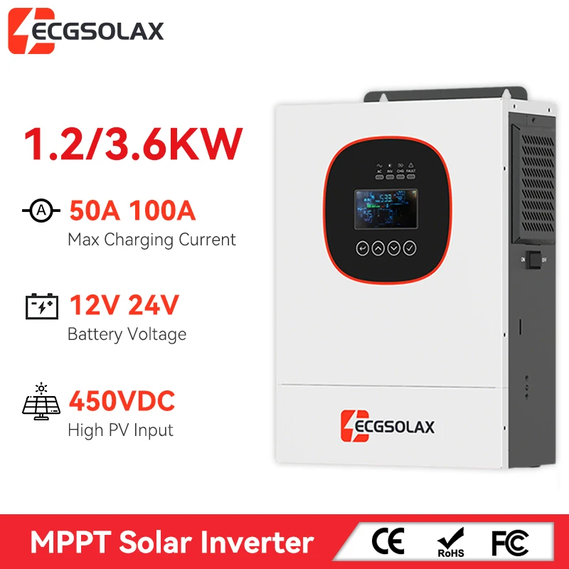 

ECGSOLAX 1.2KW 3.6KW Hybrid Solar Inverter 12V 24V Off-grid Solar Hybrid Inverter With 100A MPPT Charge Controller PV Max 450V