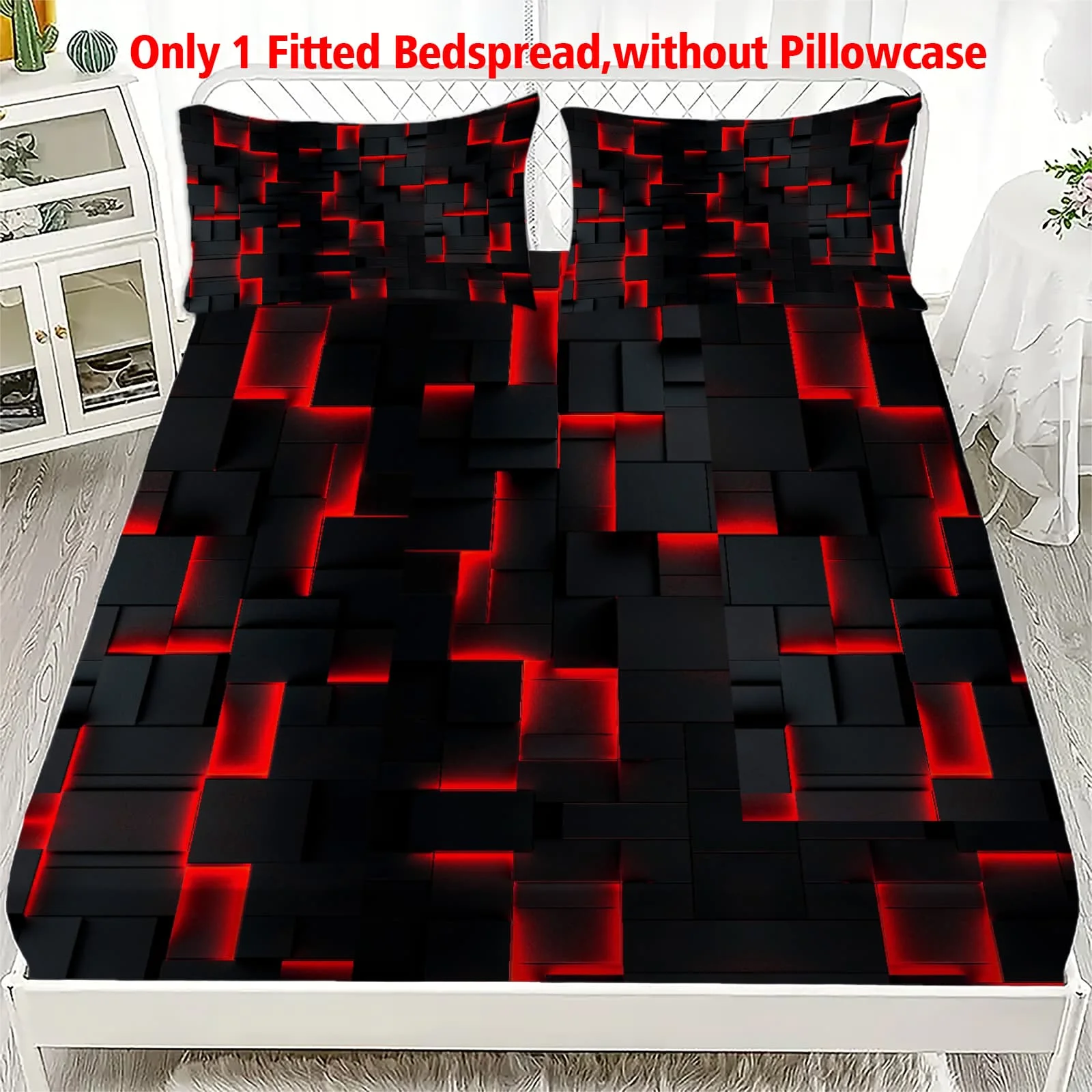 1 Piece 3D Red Black Pixel Grid Fitted Sheet Modern Tech Inspired Bedding Soft Breathable Microfiber Mattress Cover For Bedroom