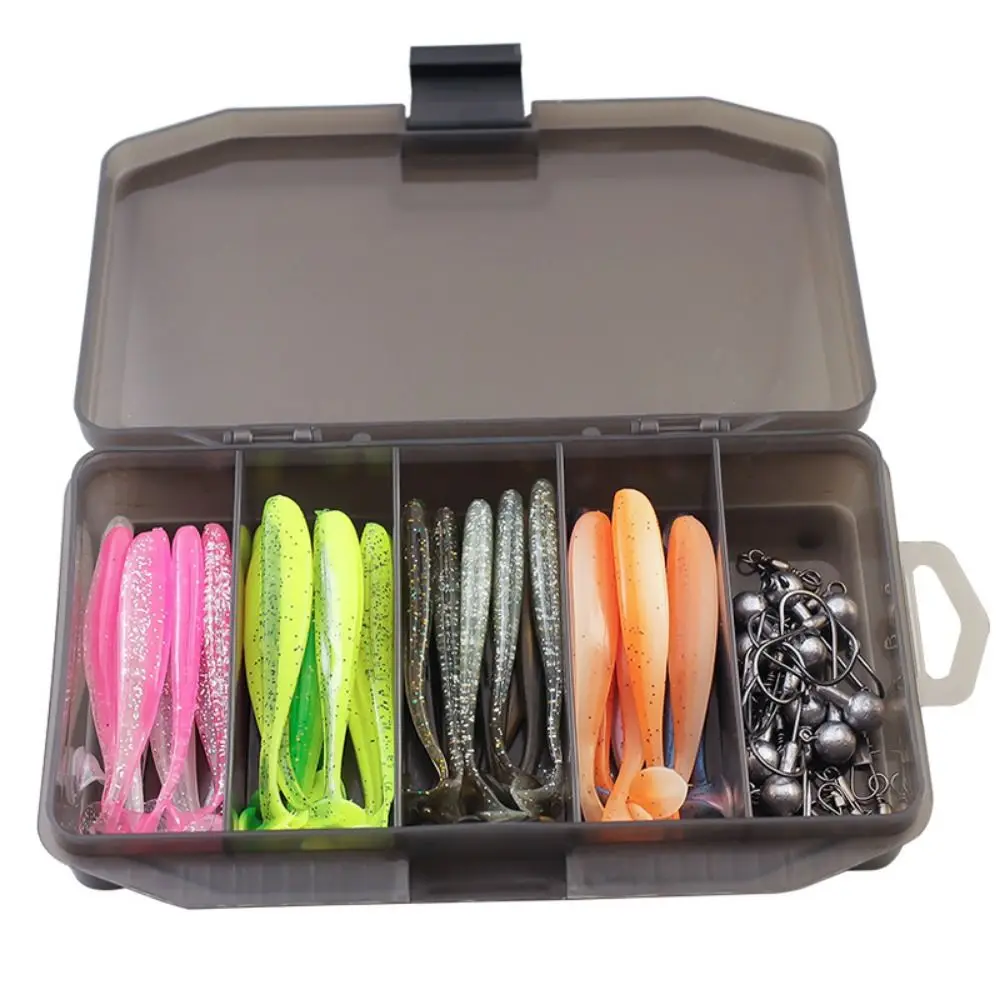 61pcs Lead Head Hook Fishing Soft Bait Set T-tail Soft Bait Bionic Fish Bait Set Waterproof with Storage Box