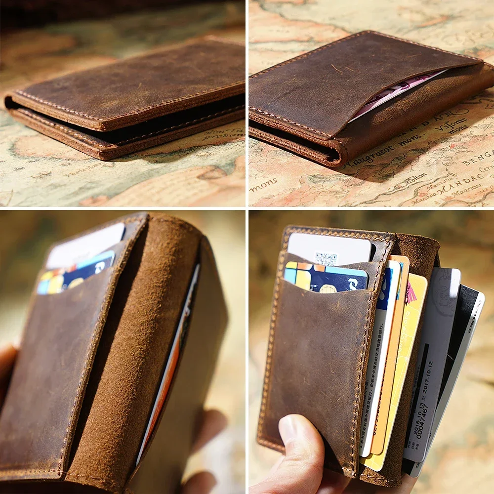 Cowhide Credit ID Card Holder Vintage Design Crazy Horse Leather Customized Business Unisex Wallet Coins Case Pocket