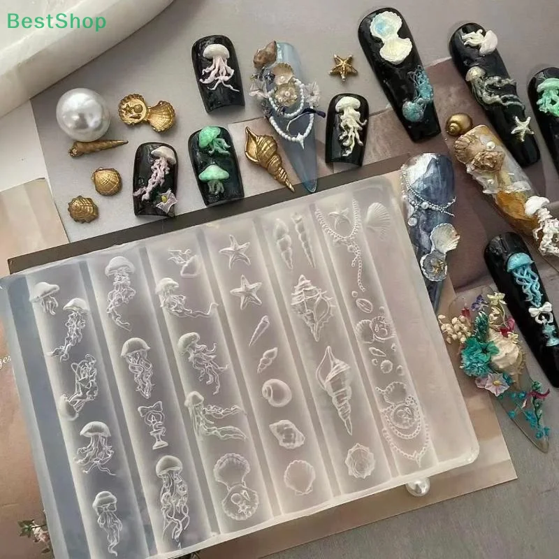 🍄Ocean-themed (Jellyfish/Starfish/Shell)Nail Art Decoration Series,3D Silicone Nail Mold Transparent Manicure Template