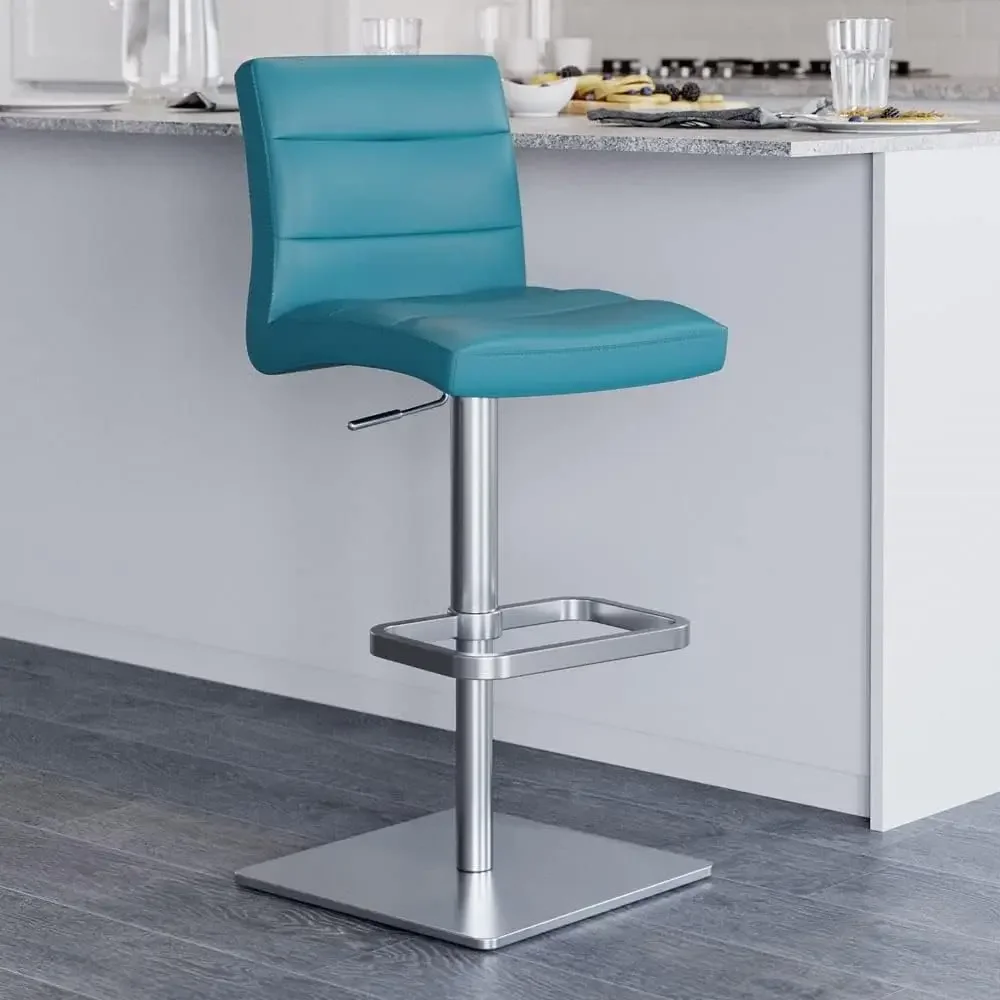 Modern Adjustable Height Teal Lush Bar Stool with Brushed Square Base