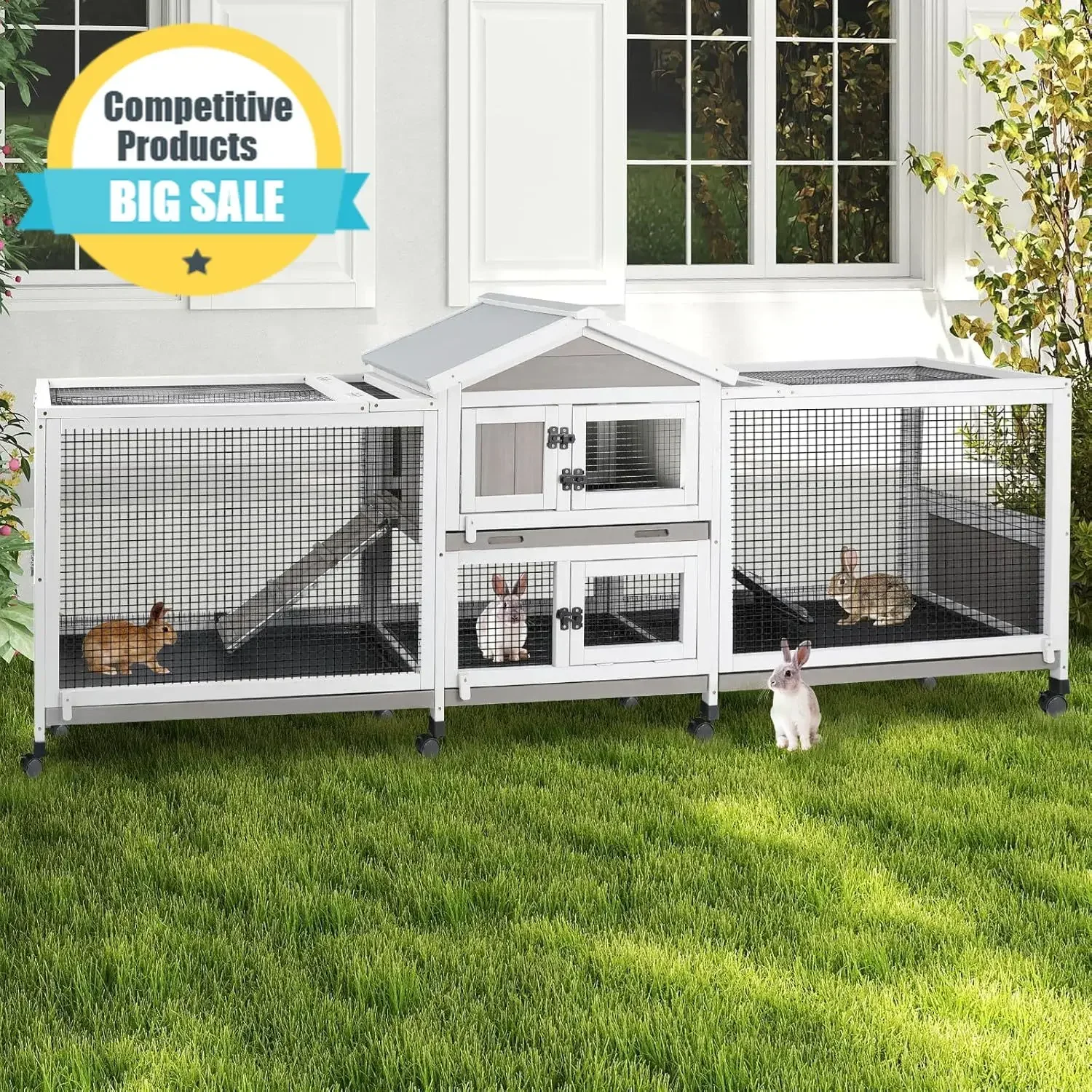 Large Outdoor Indoor Double Bunny Cage Dual Side Runs 2 Story Wooden Hutch With Four Leak Proof Trays Eight Wheels Waterproof Ro