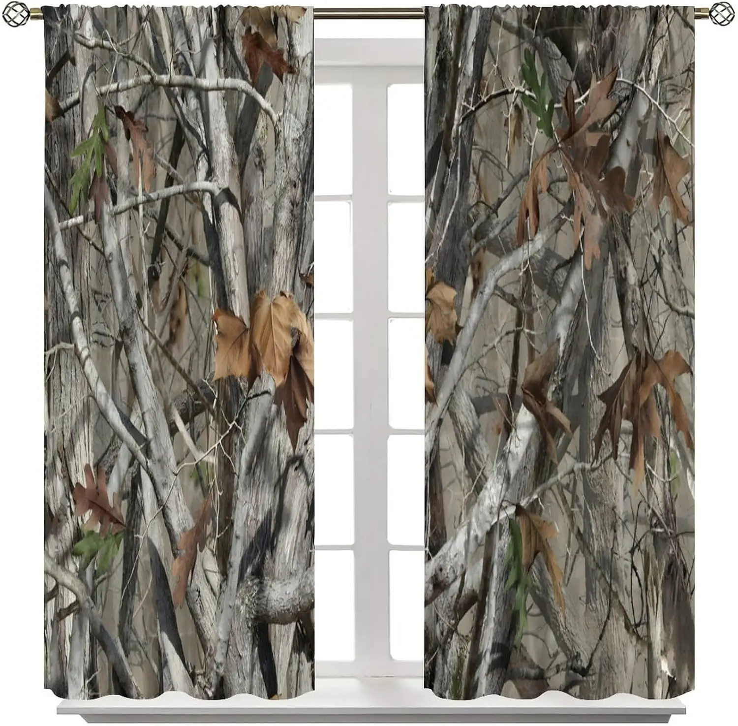 Forest Oak Camo Hunting Curtains, Mossy Tree Branch Cabin Print Drapes for Lodge Bedroom Window Home Decor