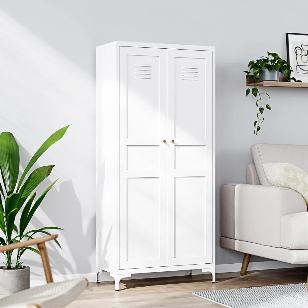 

Metal Storage Cabinet with 2 Doors and 4 Adjustable Shelves - 61" White Kitchen Pantry Storage 5-Tier Tall Steel Cabinets Locker
