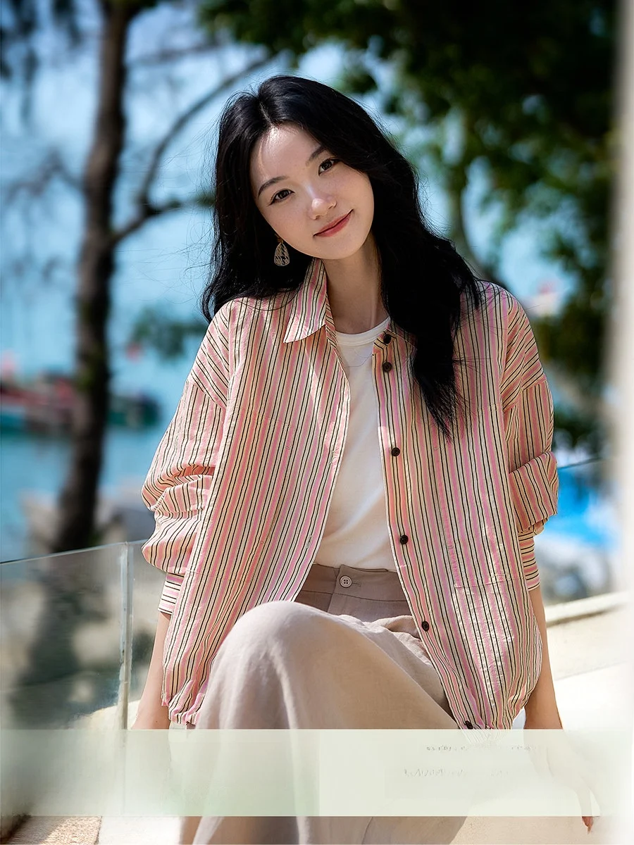 

Xiao Han【Weigang Brush Shirt】Ruched Satin Light Sensation Easy Commute Striped Women's Shirt Summer 2026 OL Style Straight Cut
