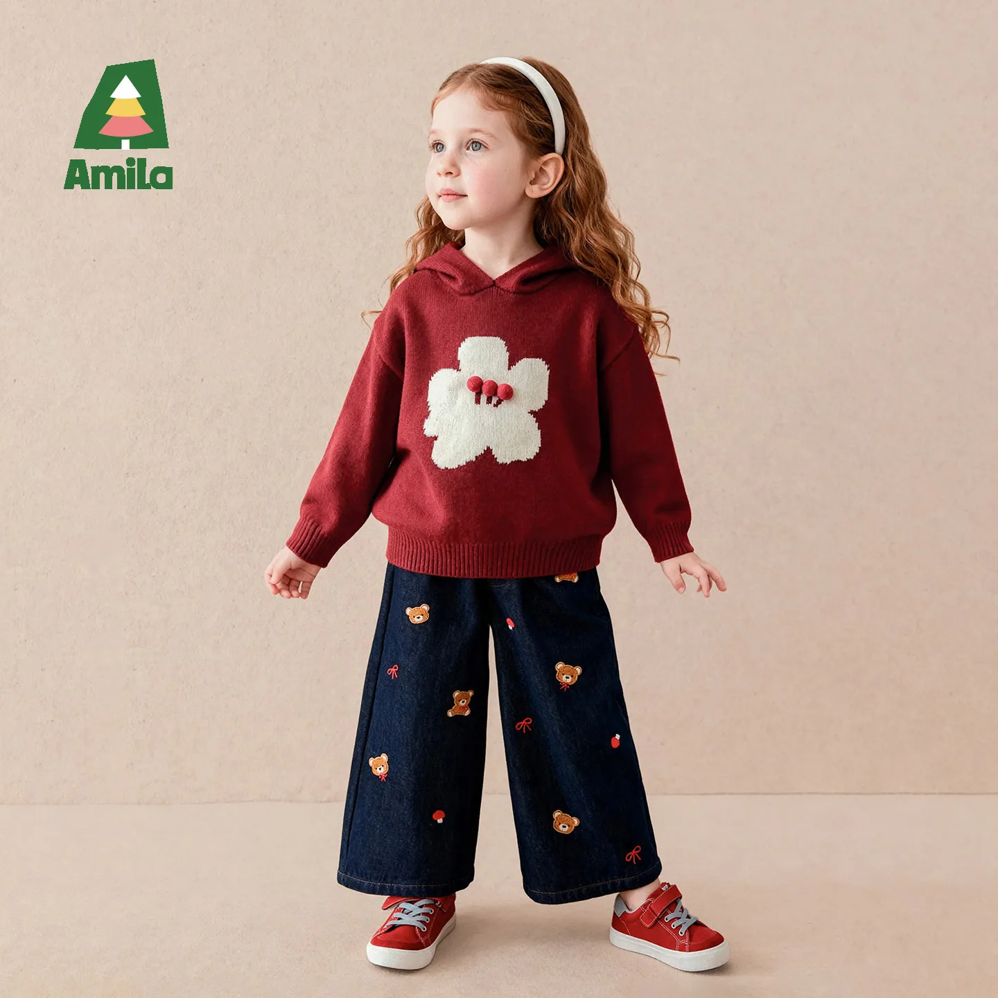 Amila 2026 Winter New Kids Jeans Fleece Lined Wide Leg Fun Embroidery Playful Cute Warm Extra Soft Daily Versatile Long Pants