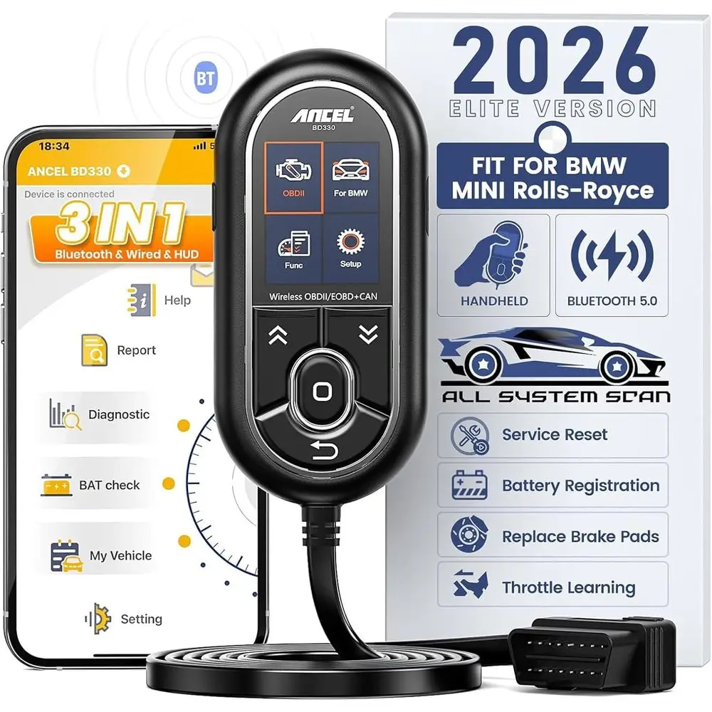 

Усовершенствованный диагностический инструмент BD330, инструмент для регистрации аккумуляторов с функциями сброса EPB/масла/дроссельной заслонки, 3-в-1 Bluetooth проводной HUD OBD2 сканер