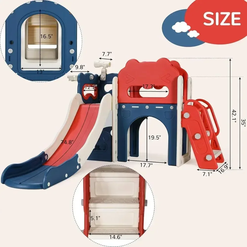 Toddler Slide Playset with Basketball, Tele, Storage, and Enclosed Steps - Red & Blue