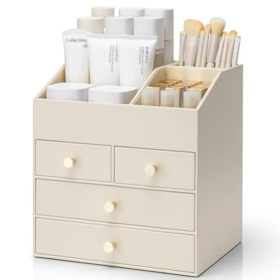 

Makeup Organizer Countertop, Large Vanity Organizer PU Leather Make up Storage with 4 Drawers Perfume Organizers Cosmetic Displ