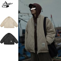 Retro Baseball Cotton Coat Men Women Harajuku Diamond Grid Thickened Jacket Street Solid Color Loose Cargo Parka Winter Warm Top