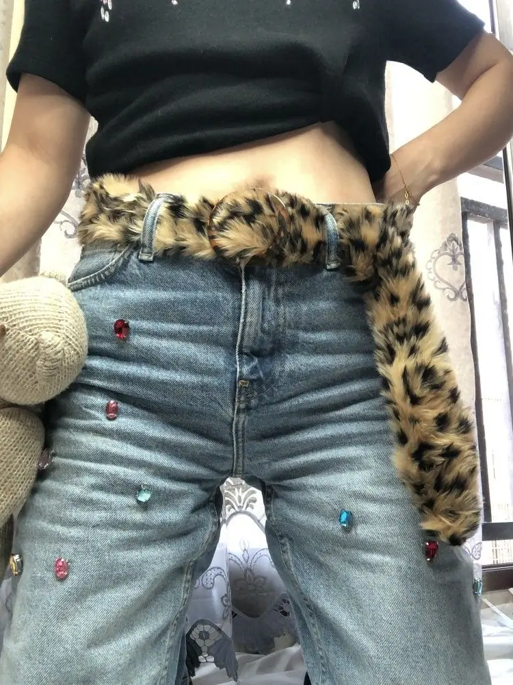 

Длинный пояс из искусственного меха с леопардовым принтом Y2K, декоративный пояс интернет-знаменитостей для девочек, одежда