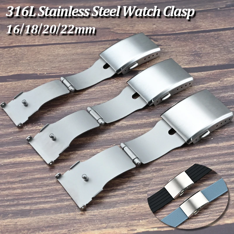 316L Stainless Steel Watch Deployment Clasp 16mm 18mm 20mm 22mm Double Press Button Safety Watch Buckle for Rubber Leather Strap